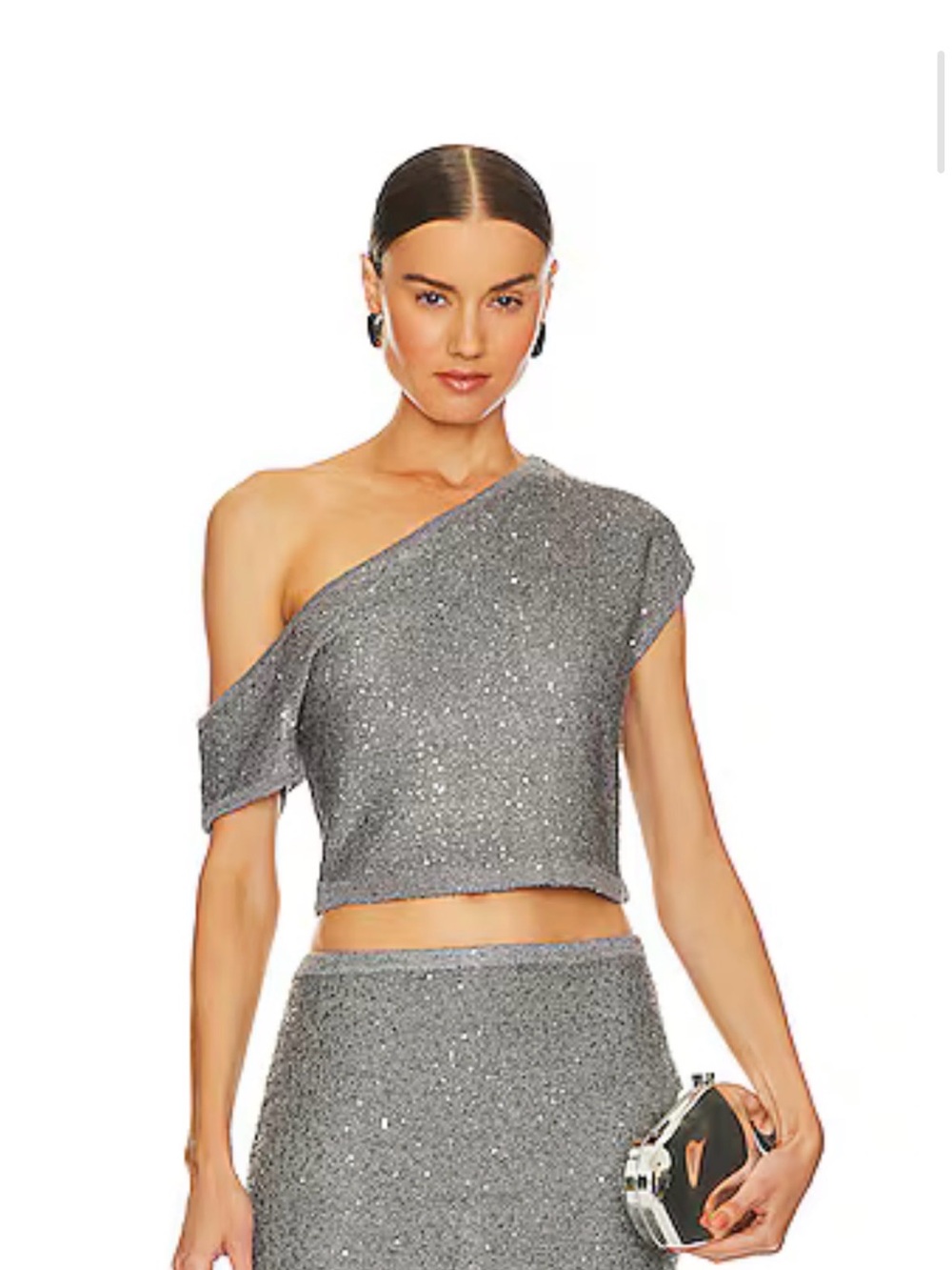 Silver One-Shoulder Sparkle Crop Top